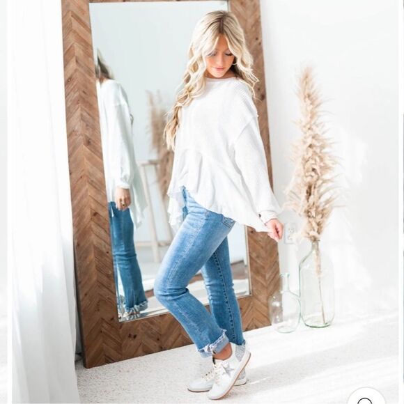 free people M Vada White Waffle Knit Crew Asymmetrical Long Sleeve Thermal Top - Picture 3 of 16